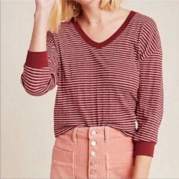 ANTHROPOLOGIE Hannah Striped V-Neck 3/4 Sleeve Top Sz XS - Picture 2 of 11